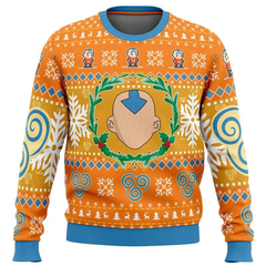 Orange sweater with festive design featuring a character's face and winter elements on a white background