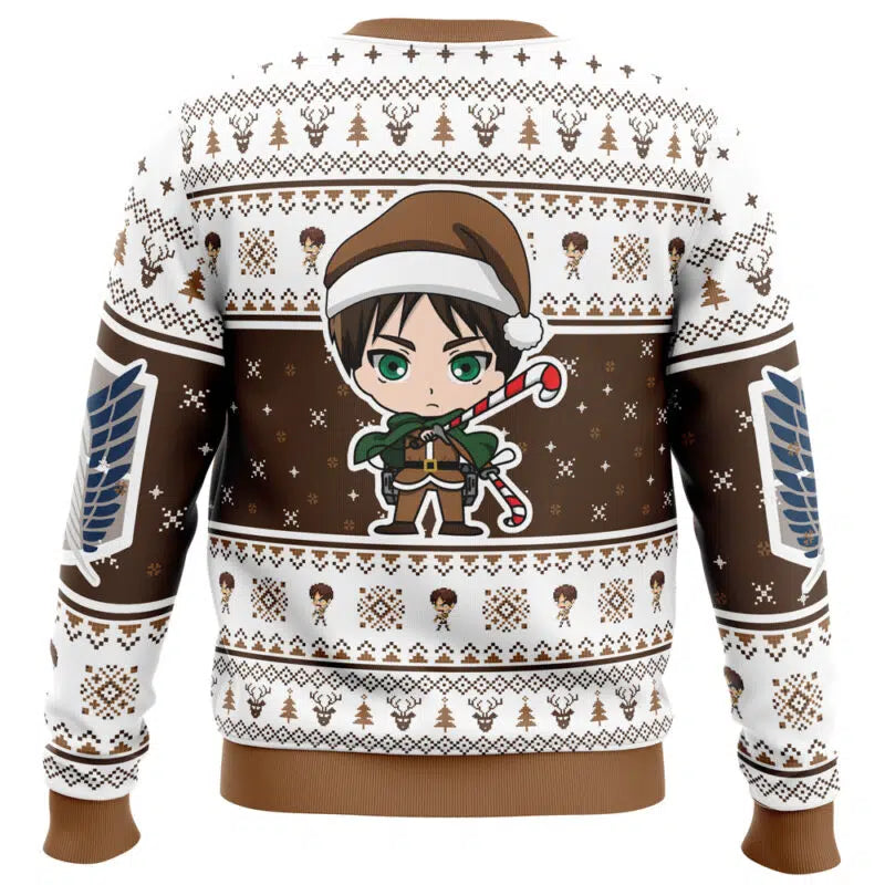 Ugly Christmas sweater with a cartoon elf design on a white background