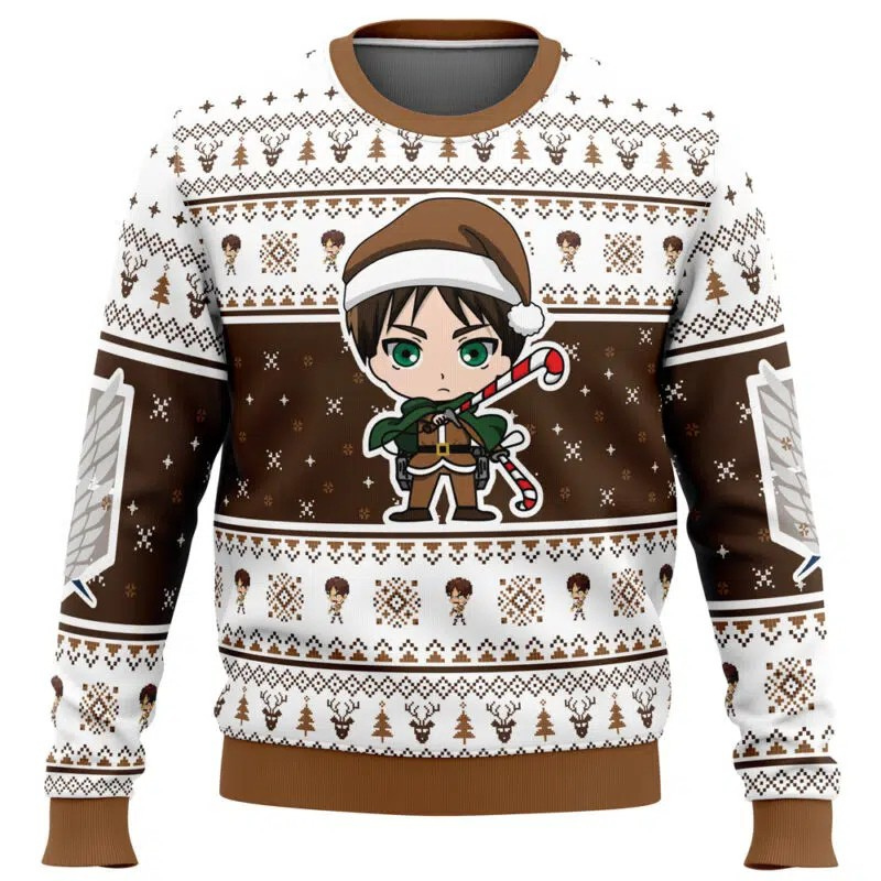Christmas-themed sweater with a character design on a white background