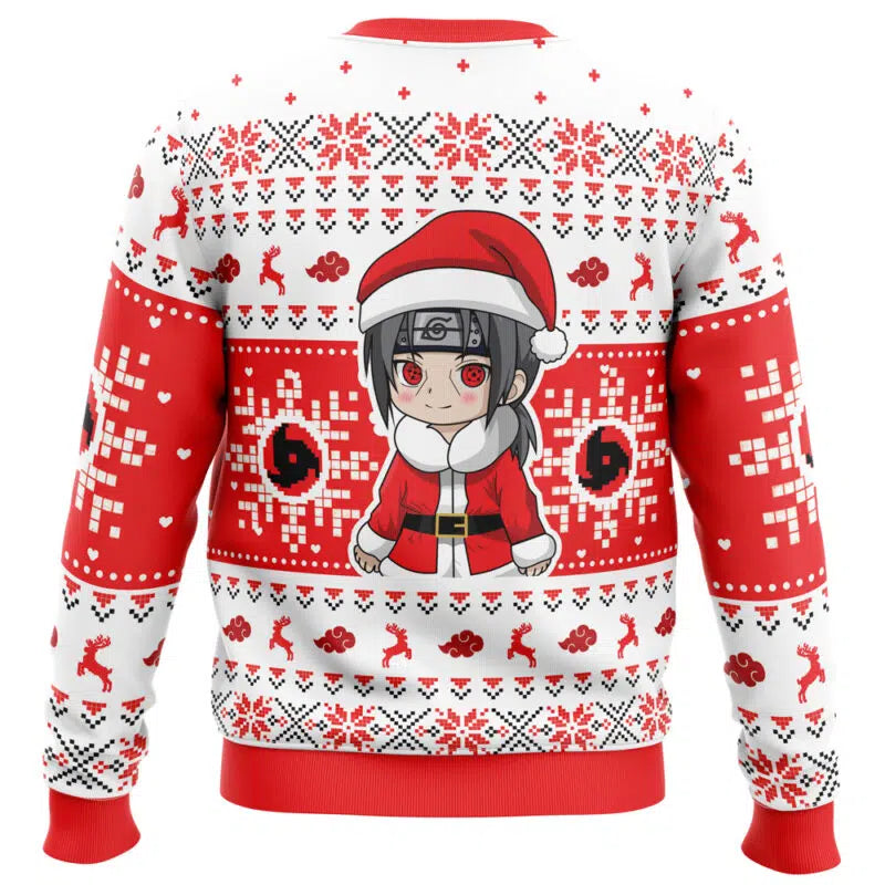 Christmas-themed sweater with a character design on a white background