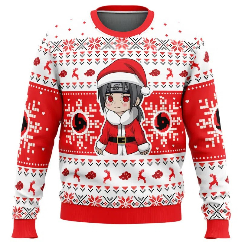 Christmas-themed sweater with a character design on a white background