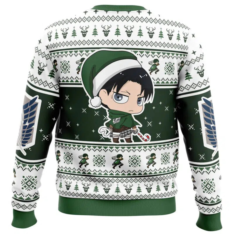 Green sweater with anime character and festive pattern on a white background