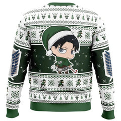 Green sweater with anime character and festive pattern on a white background