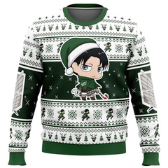 Green and white sweater with anime character and festive patterns on a white background