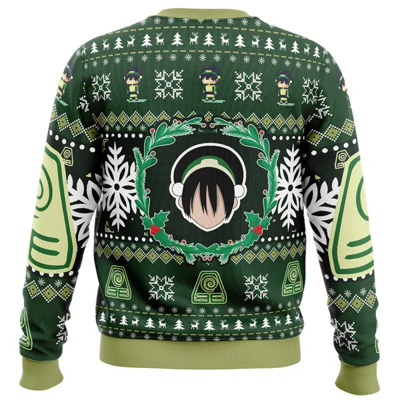 Green sweater with festive patterns and character design on a white background