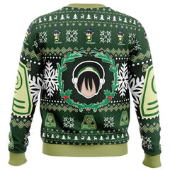 Green sweater with festive patterns and character design on a white background