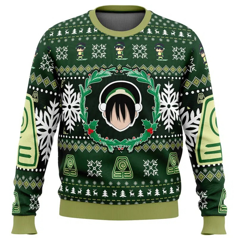 Green Christmas sweater with festive patterns and a face design wearing headphones.