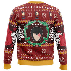 Ugly Christmas sweater with festive patterns and a face design in the center.