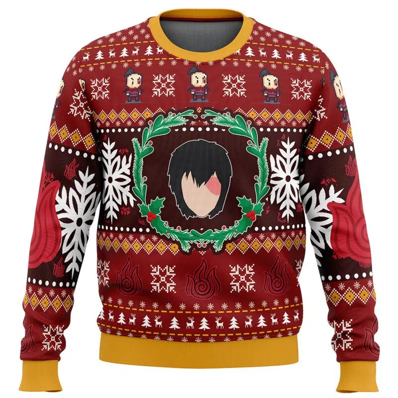 Red Christmas sweater with festive patterns and a face design on a white background