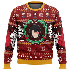 Red Christmas sweater with festive patterns and a face design on a white background