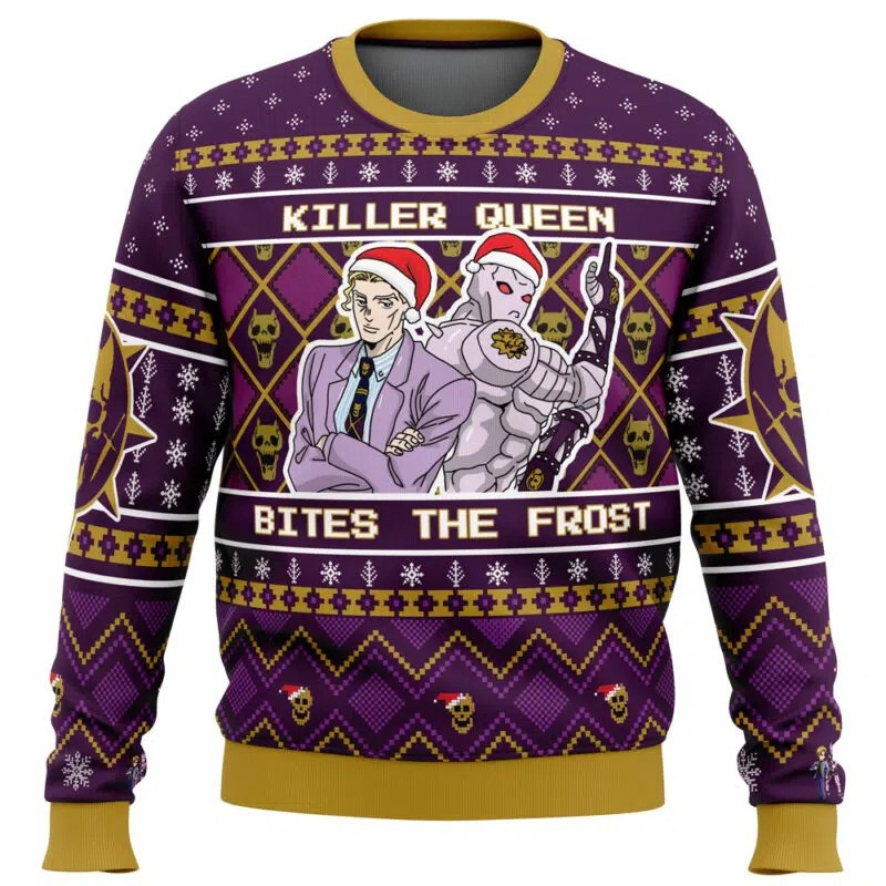 Purple sweater with graphic design of a woman and robot, text 'Killer Queen Bites The Frost', on a white background