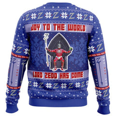 Blue Christmas sweater with 'Joy to the World' and 'Lord Zedd Has Come' text, featuring a character and 'Z' symbols.