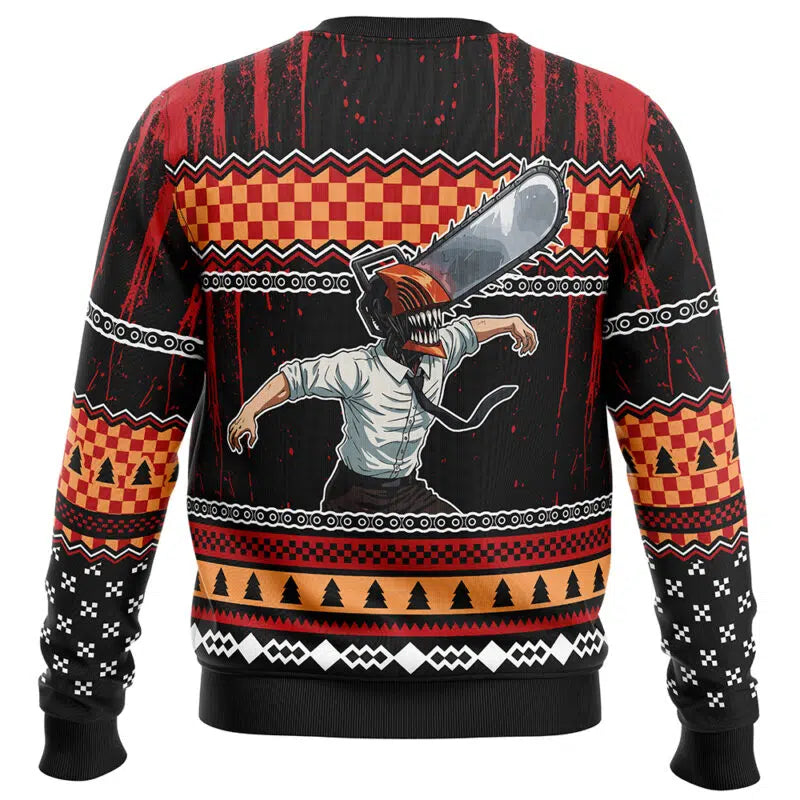 Sweater with a graphic design of a person with a chainsaw for a head on a checkered background.