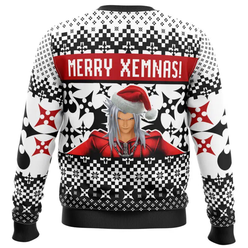 Sweater with a character wearing a Santa hat and 'Merry Xemnas!' text on a black and white patterned background.