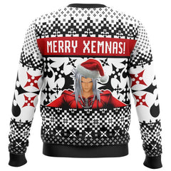 Sweater with a character wearing a Santa hat and 'Merry Xemnas!' text on a black and white patterned background.