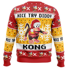 Ugly Christmas sweater with cartoon character and text on a white background