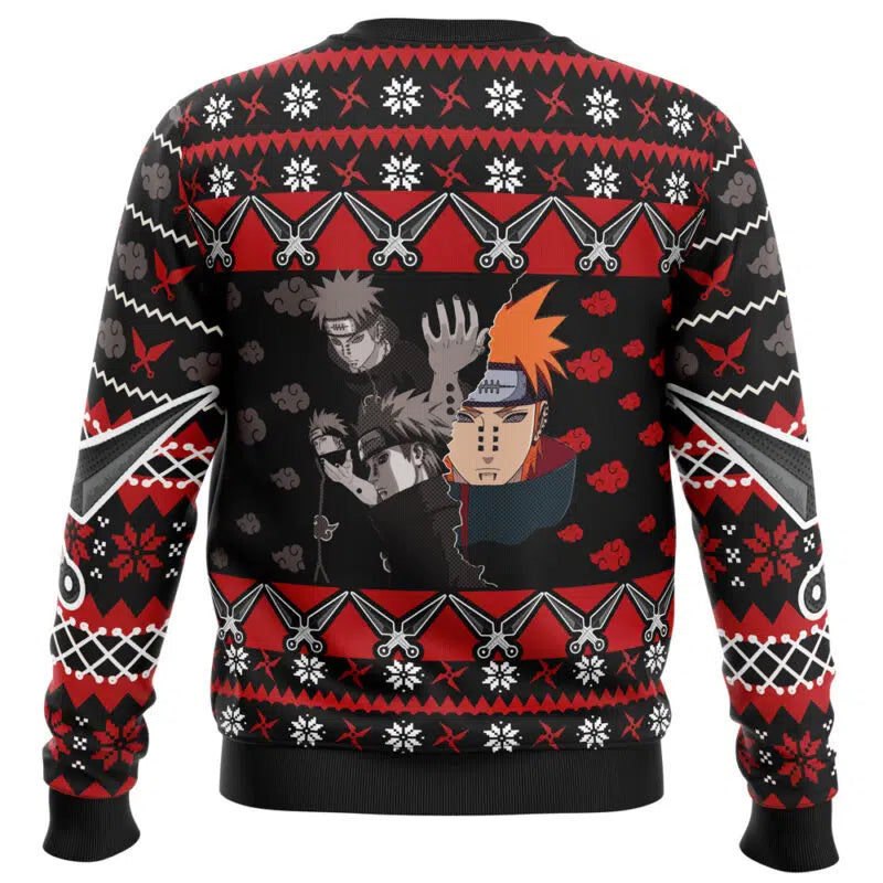Ugly Christmas sweater with anime character design on a white background