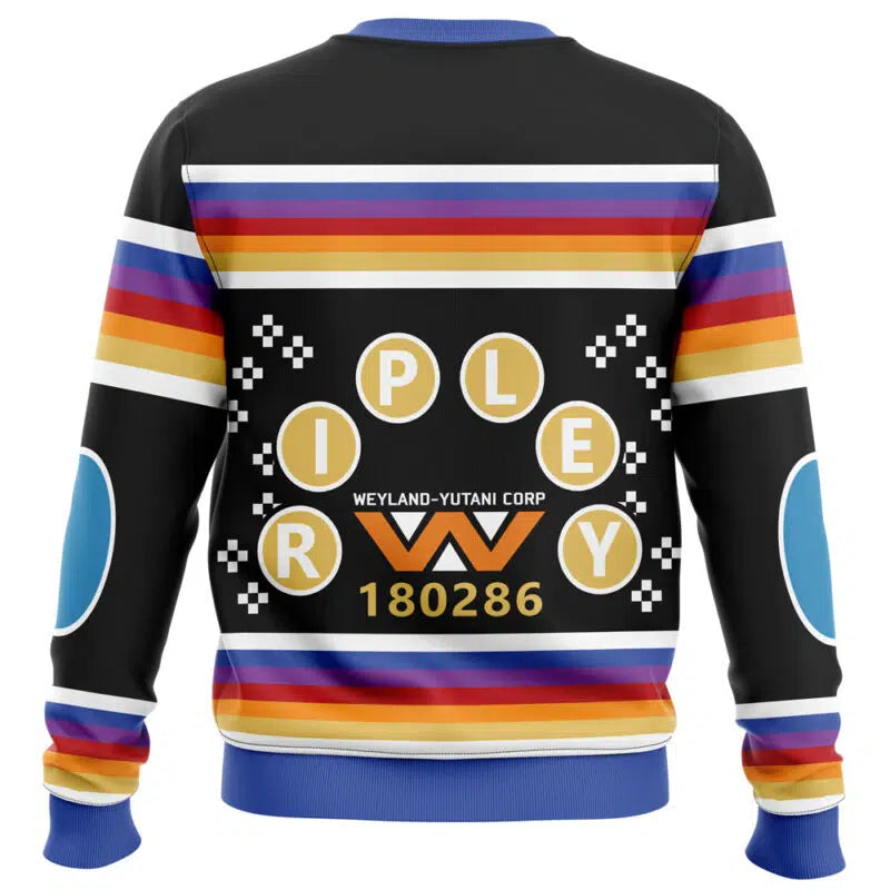 Sweater with colorful design and text on a white background