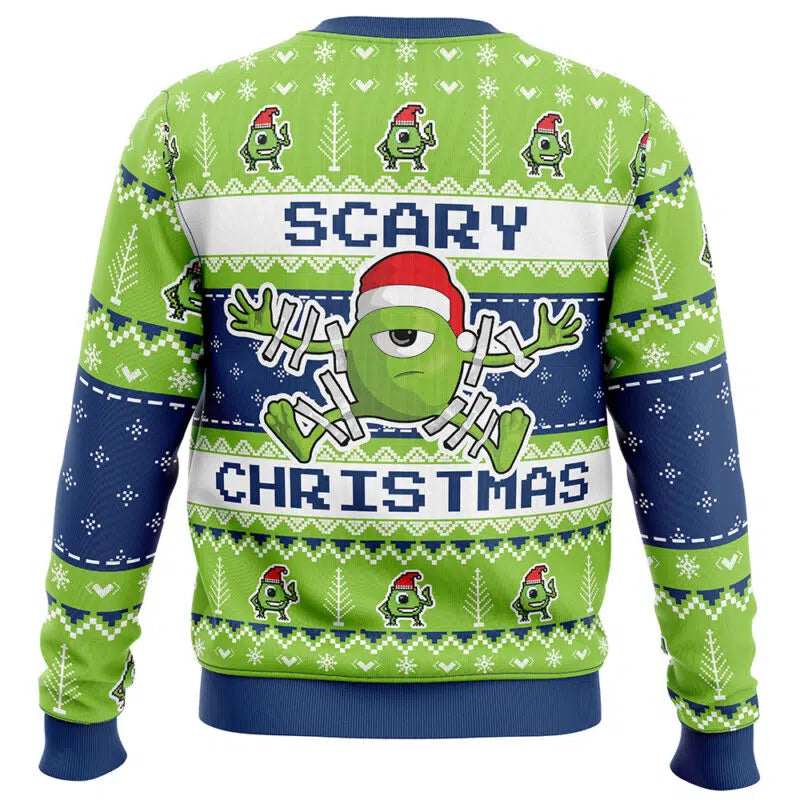 Ugly Christmas sweater with festive design and text on a white background