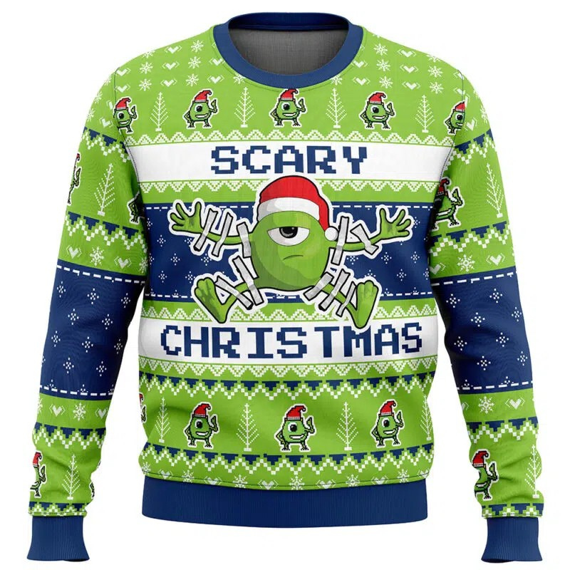 Ugly Christmas sweater with green and blue design featuring a character and text.