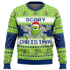 Ugly Christmas sweater with green and blue design featuring a character and text.