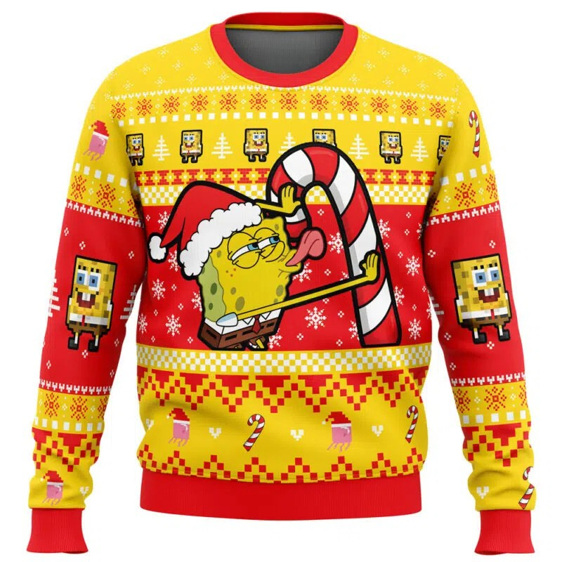 Christmas-themed sweater with cartoon character holding a candy cane on a white background