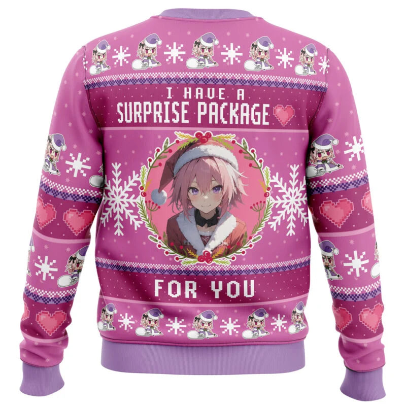 Pink sweater with anime character and festive design on a white background