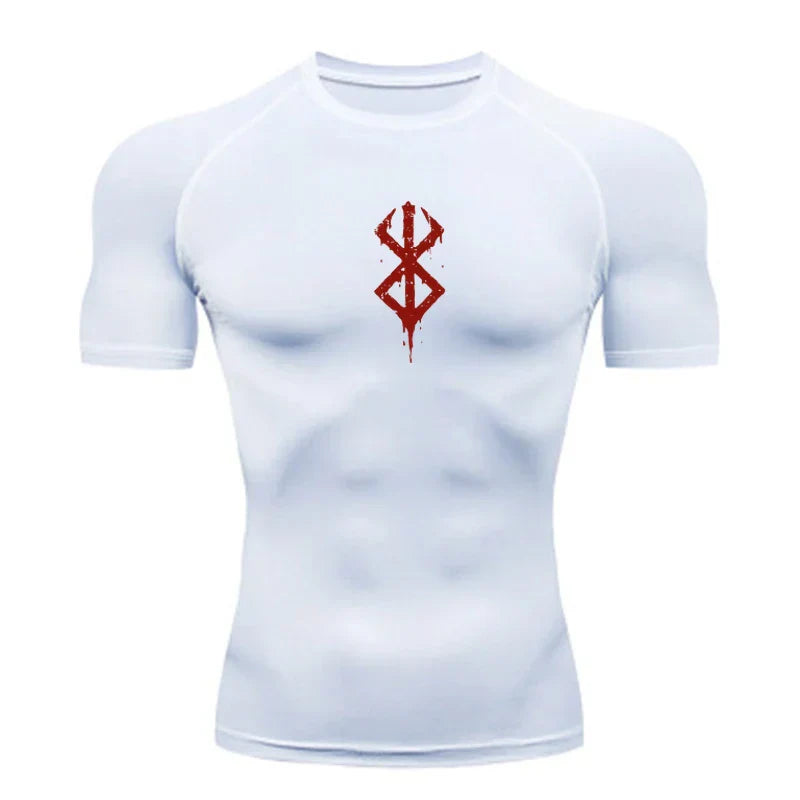 a white shirt with a red design on the chest