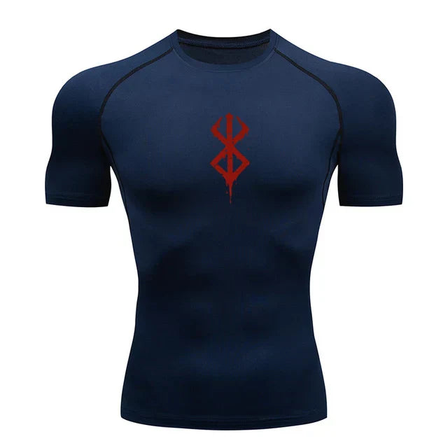 a blue shirt with a red design on the chest