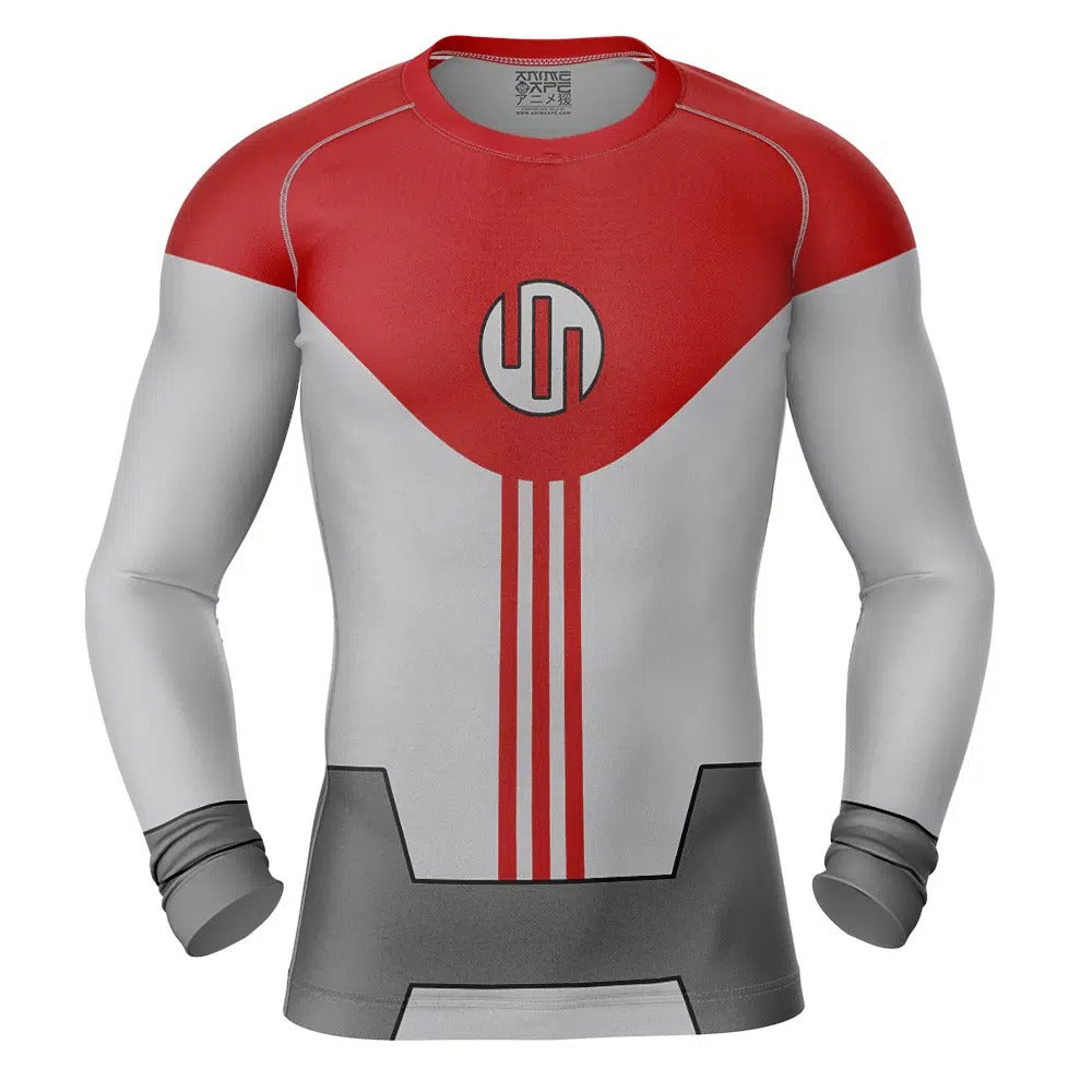 Red and gray athletic shirt with a logo on a white background, Viltrumite