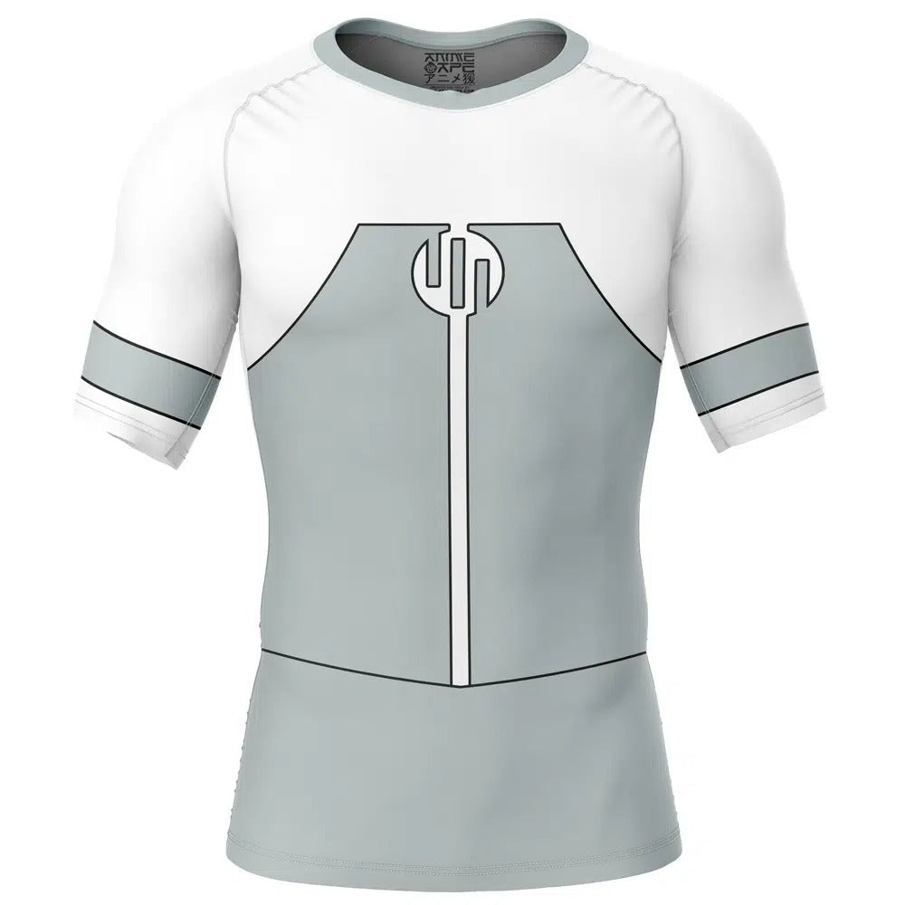 Gray and white athletic shirt with a unique design on a white background, Viltrumite Invincible Short Sleeve Rash Guard