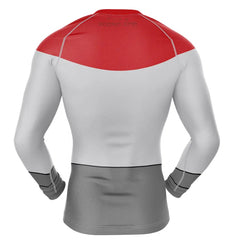 Long-sleeve athletic shirt with red and gray design on a white background, Viltrumite