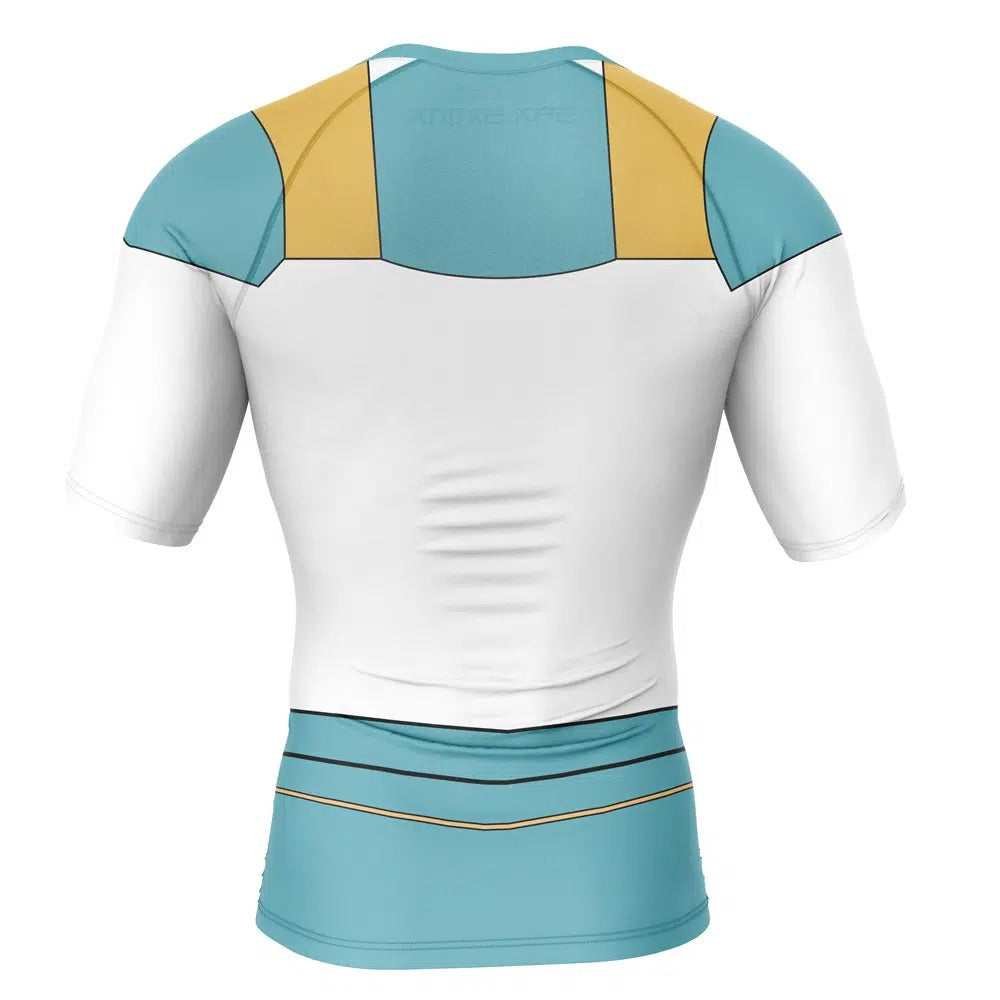 White athletic shirt with teal and yellow accents on a white background, Viltrumite