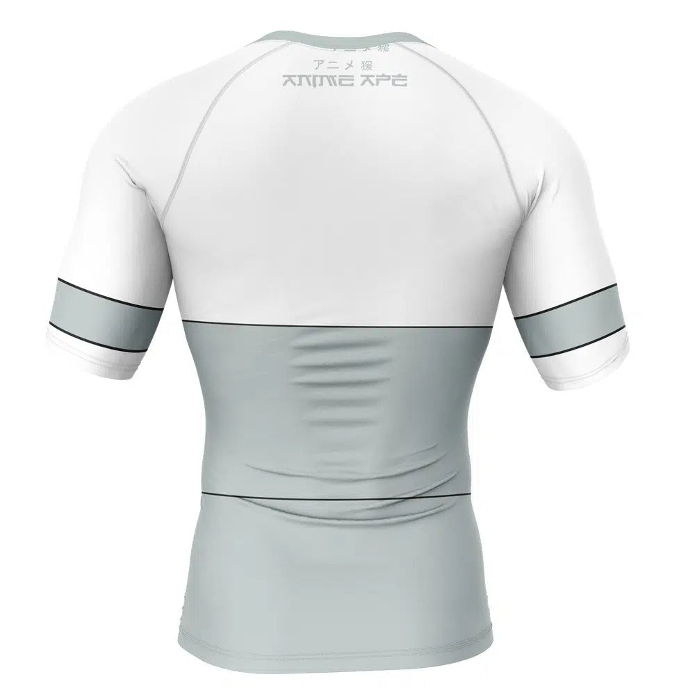White and gray athletic shirt with branding on a white background, Viltrumite Invincible Short Sleeve Rash Guard