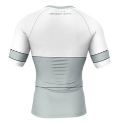 White and gray athletic shirt with branding on a white background, Viltrumite Invincible Short Sleeve Rash Guard