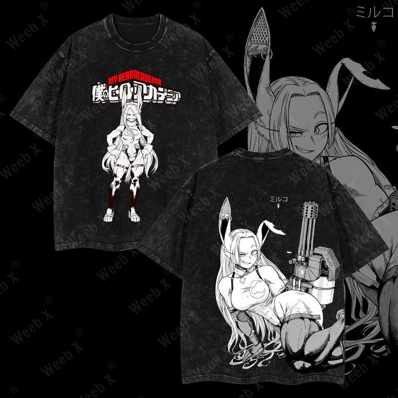 Otakuri charcoal grey vintage washed oversized t-shirt featuring Rumi Usagiyama Mirko and red My Hero Academia logo