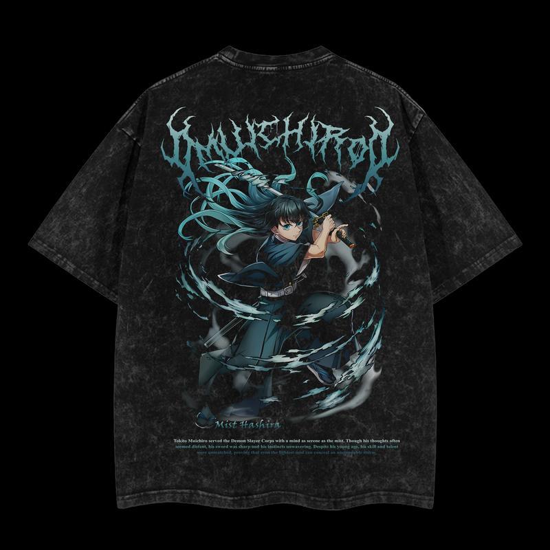 Otakuri Muichiro Tokito Demon Slayer washed cotton oversized T-shirt with vintage anime streetwear design back