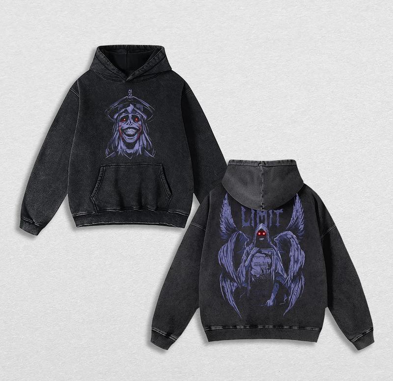 Otakuri black vintage washed cotton hoodie of the creepy smiling God Statue from Solo Leveling