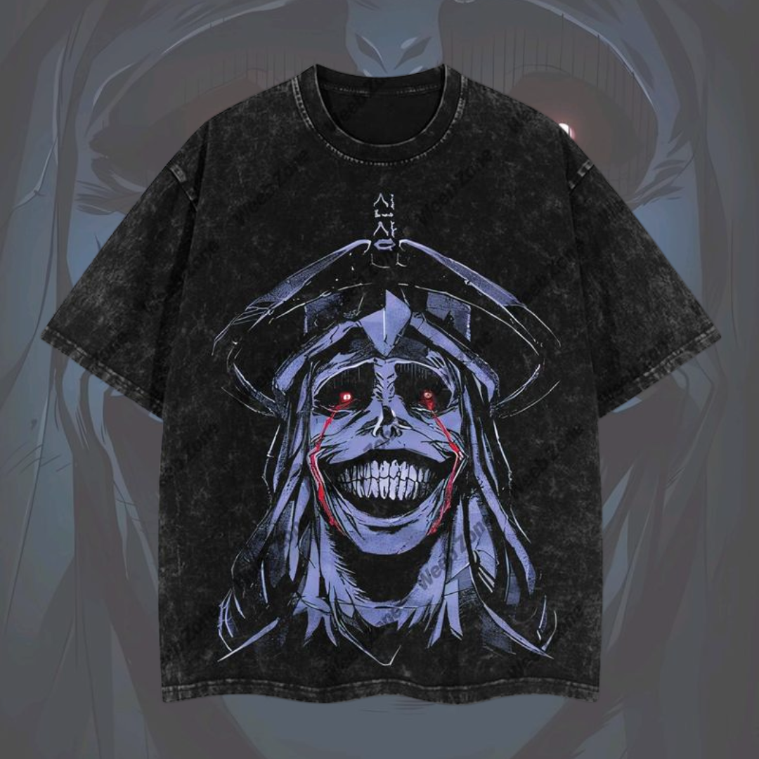 Front view of Otakuri black vintage washed cotton t-shirt featuring a highly detailed graphic of the smiling God Statue with red eyes from Solo Leveling