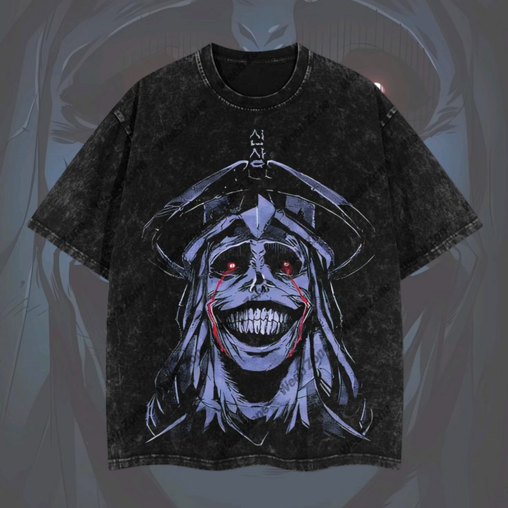 Front view of Otakuri black vintage washed cotton t-shirt featuring a highly detailed graphic of the smiling God Statue with red eyes from Solo Leveling