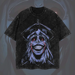 Front view of Otakuri black vintage washed cotton t-shirt featuring a highly detailed graphic of the smiling God Statue with red eyes from Solo Leveling