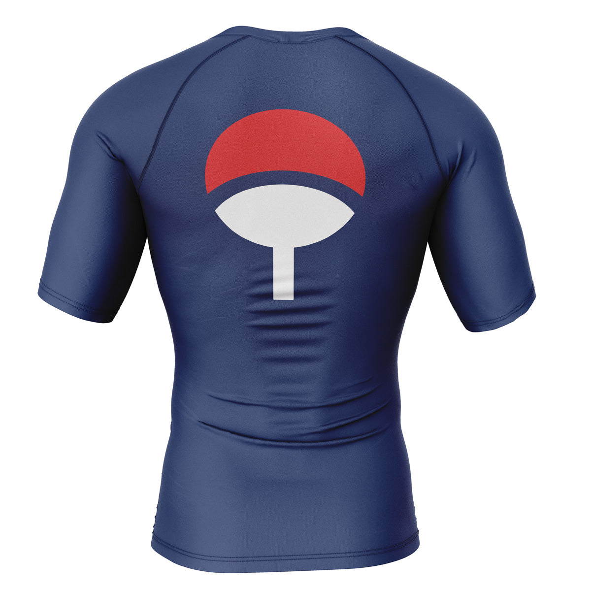 Otakuri Naruto Uchiha Clan short sleeve compression rash guard in navy blue with red and white fan crest- back
