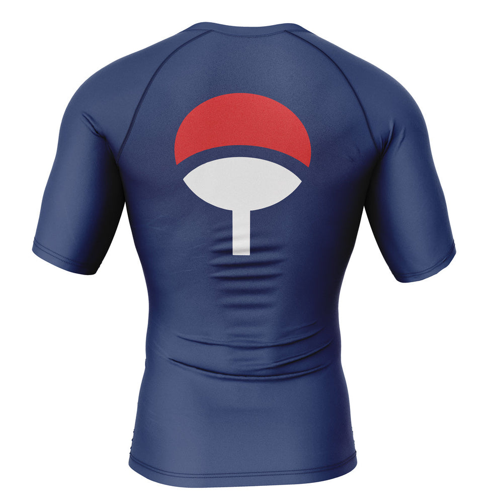 Otakuri Naruto Uchiha Clan short sleeve compression rash guard in navy blue with red and white fan crest- back