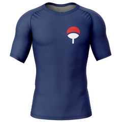 Otakuri Naruto Uchiha Clan short sleeve compression rash guard in navy blue with red and white fan crest-front